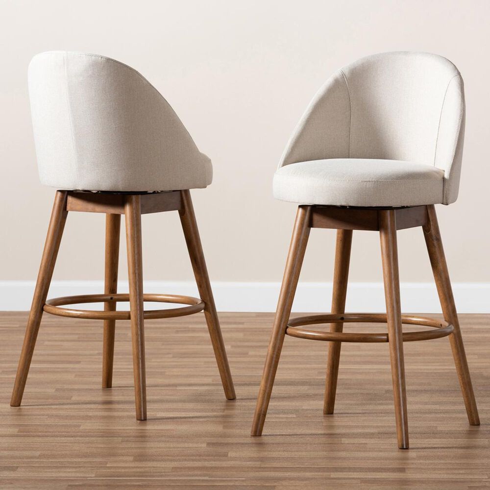 Baxton Studio Carra Swivel Bar Stool in Light Beige and Walnut (Set of 2), , large