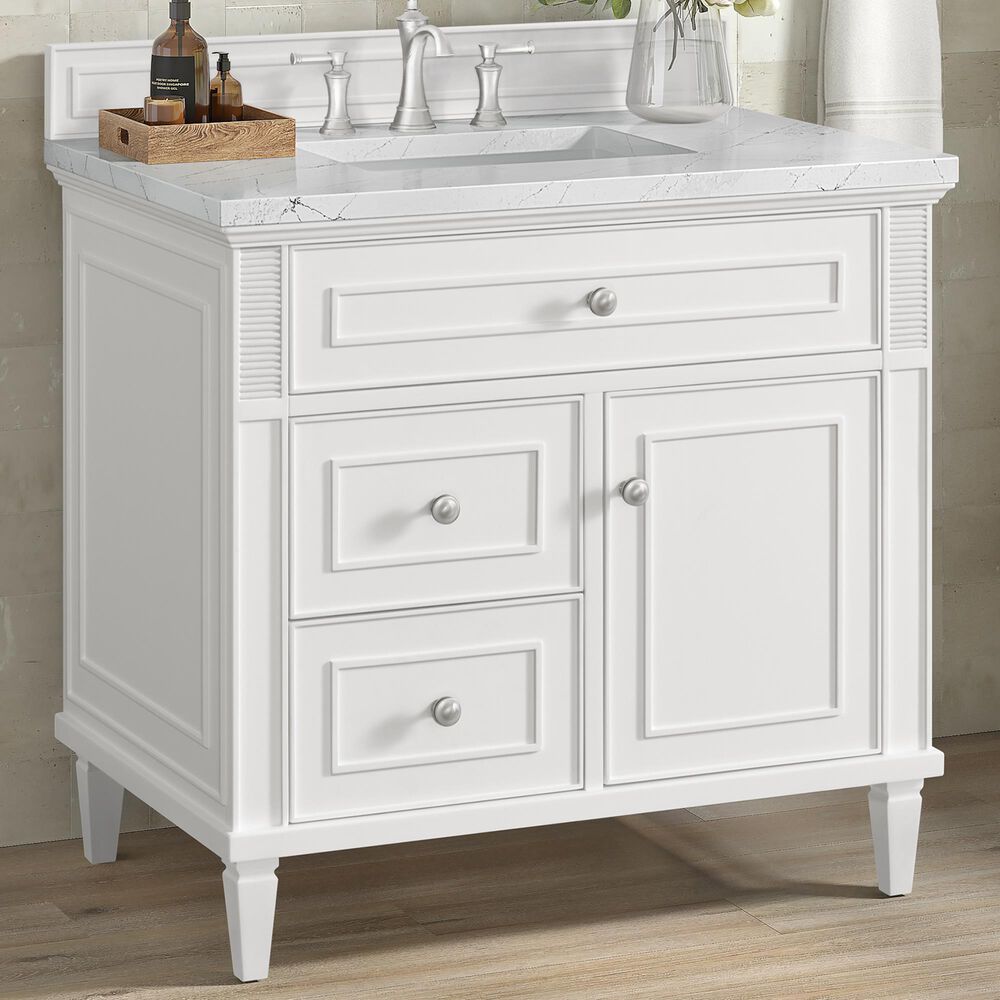 James Martin Vanities Lorelai 36&quot; Single Vanity in Bright White with 3 cm White Zeus Quartz Top, , large