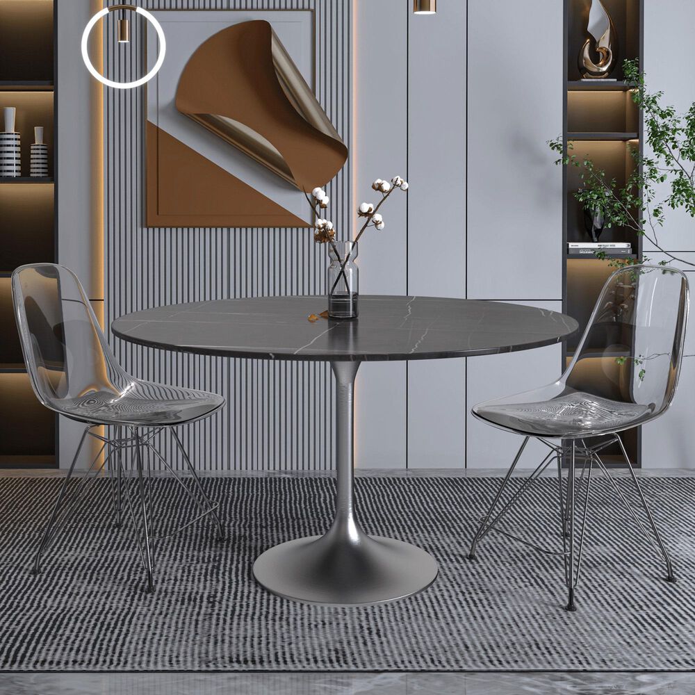Leisuremod LeisureMod Verve Collection 48 Round Dining Table, Brushed Chrome Base with Sintered Stone Black Top, , large