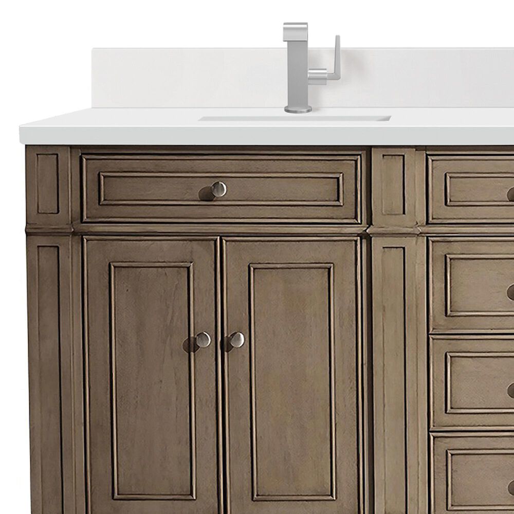 James Martin Vanities Bristol 72&quot; Double Bathroom Vanity in Whitewashed Walnut with Single Hole 3 cm White Zeus Quartz Top and Rectangular Sinks, , large