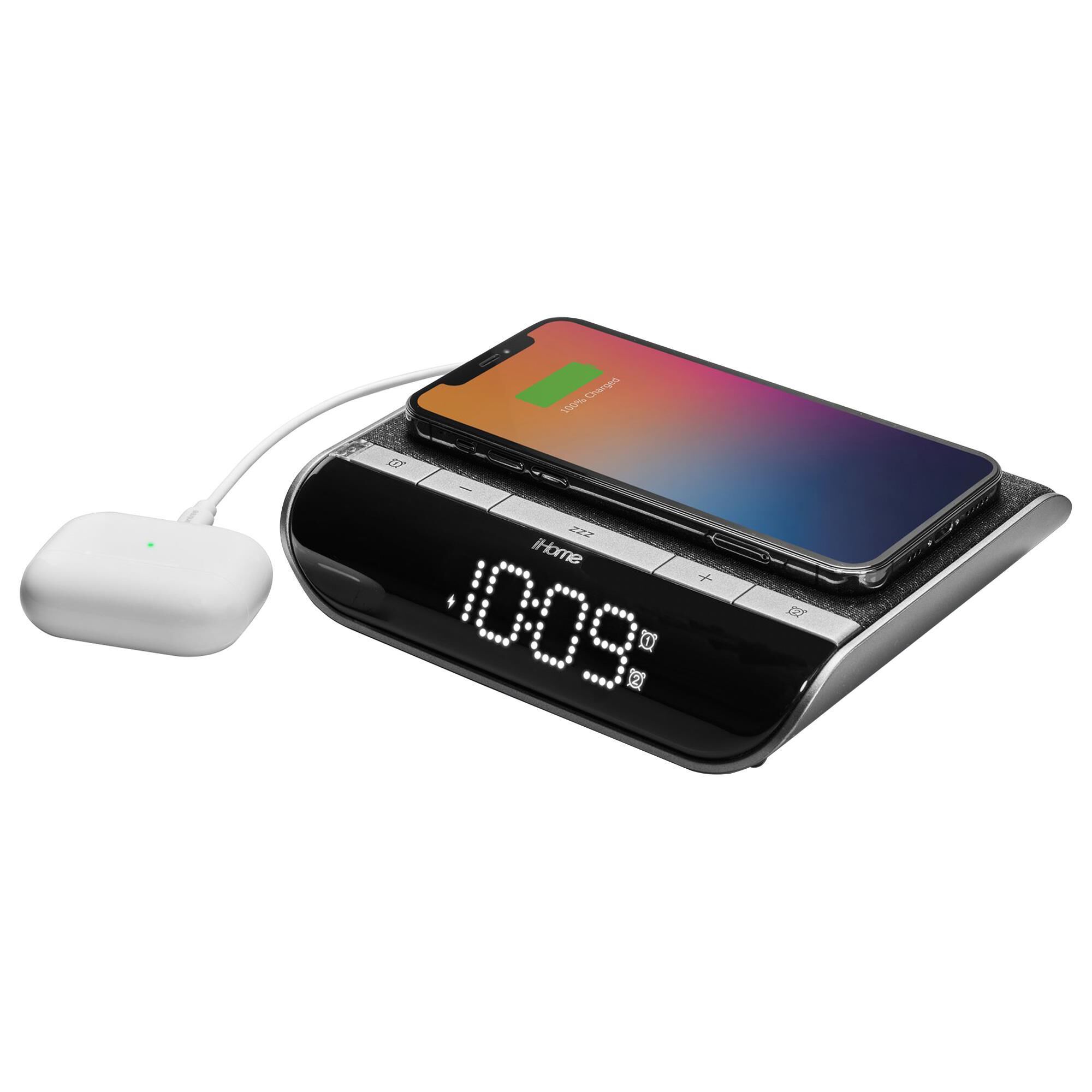 iHome 2-In-1 Wireless Charger Alarm Clock with Qi Wireless and USB 