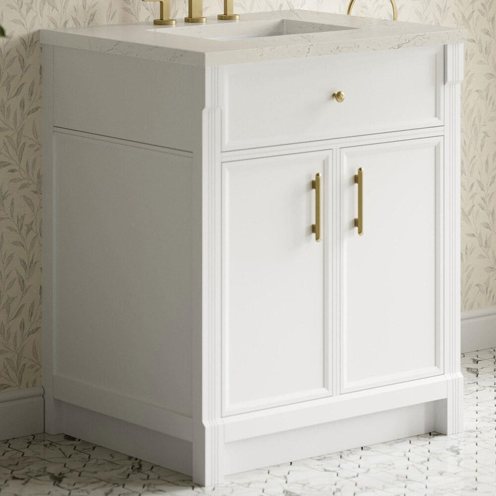 James Martin Bellshire 30" Single Bathroom Vanity in Bright White with 3 cm Siberian Silestone Top and Rectangular Sink, , large