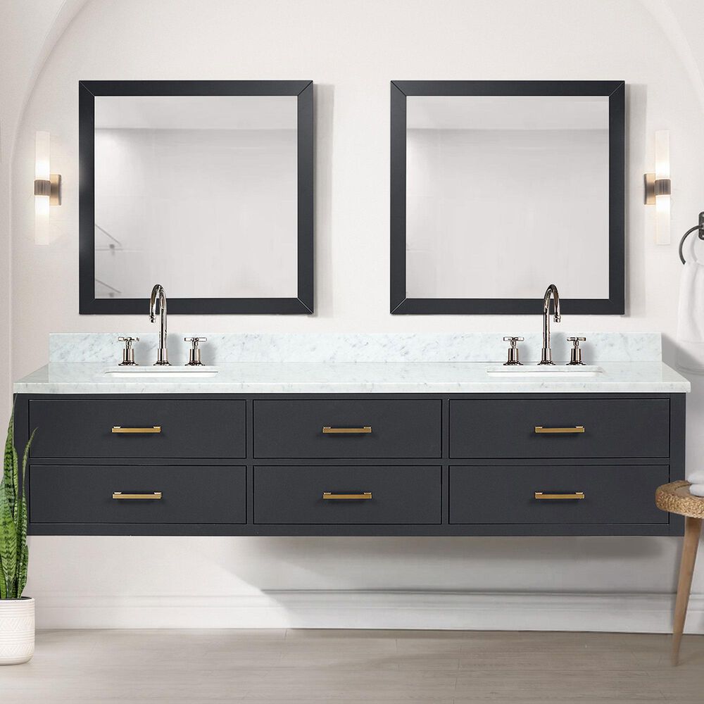 Lexora Home Castor 84&quot; Double Bathroom Vanity in Blue with 2 cm White Carrara Marble Top, Rectangular Sinks and 36&quot; Mirrors, , large