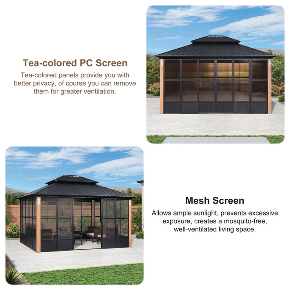 HOMLUX 12' x 16' Outdoor Hardtop Gazebo with Wood Grain Aluminum Frame in Black, , large