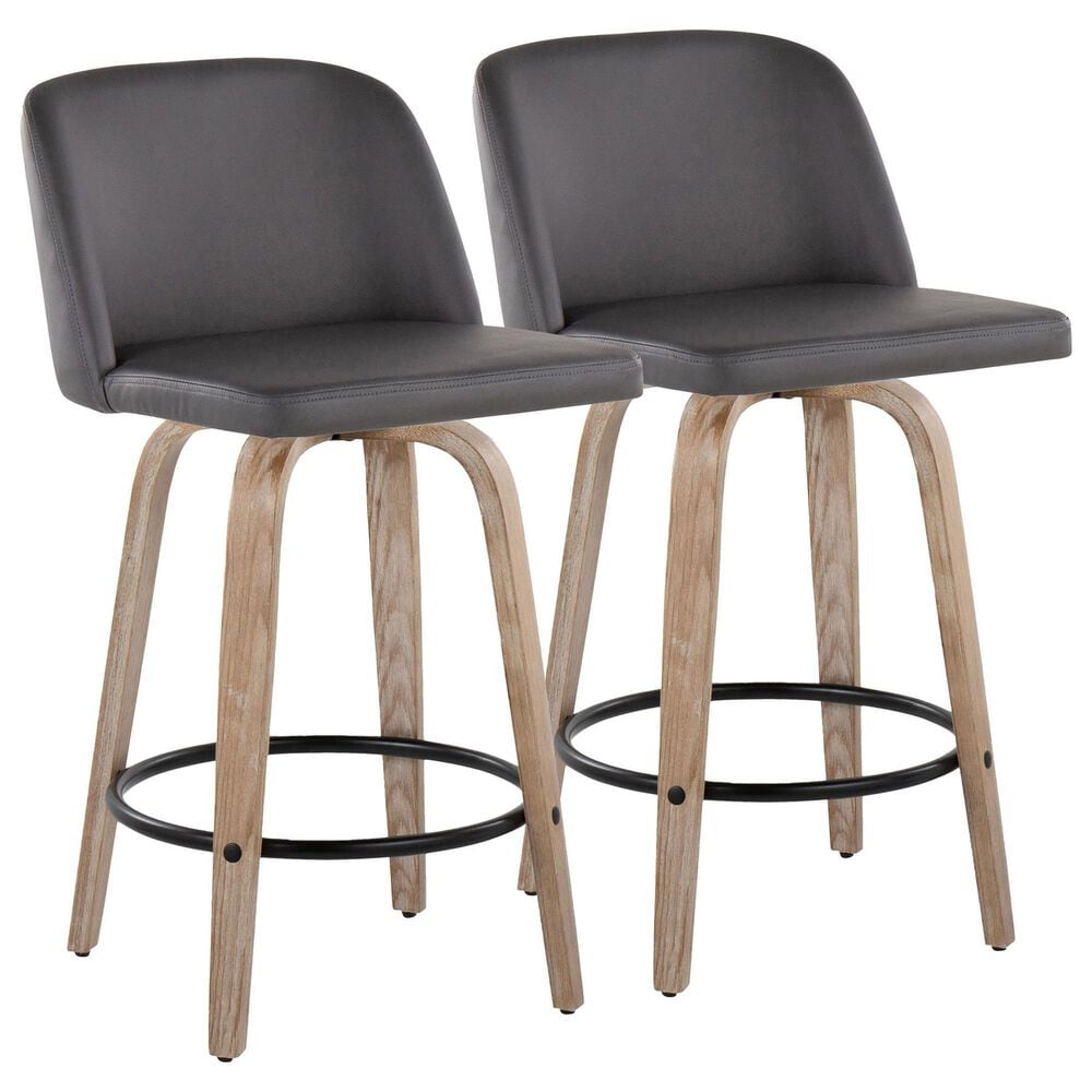 LumiSource Toriano Swivel Counter Stool with Grey Faux Leather Upholstery in Whitewashed and Black (Set of 2), , large