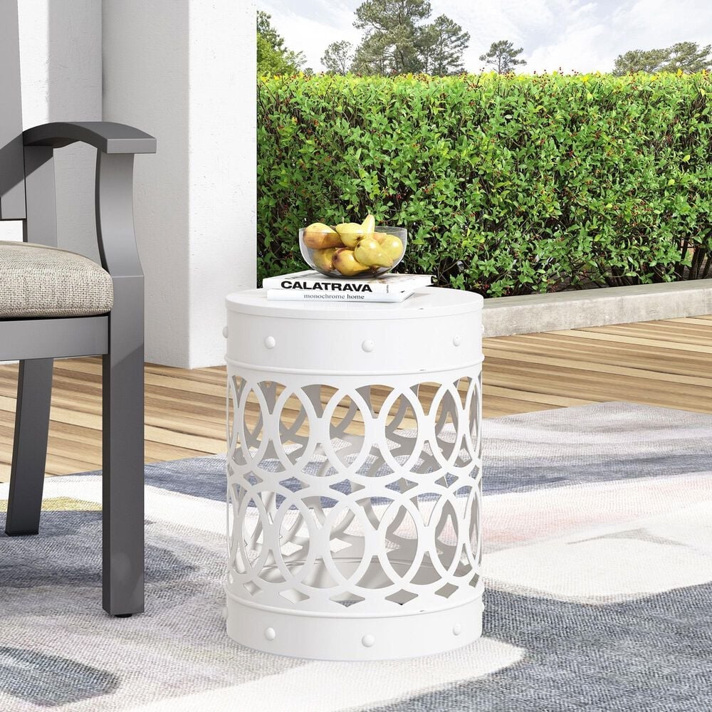 Hearth and Haven Large Cylindrical-Shaped Iron Patio End Table in White, , large