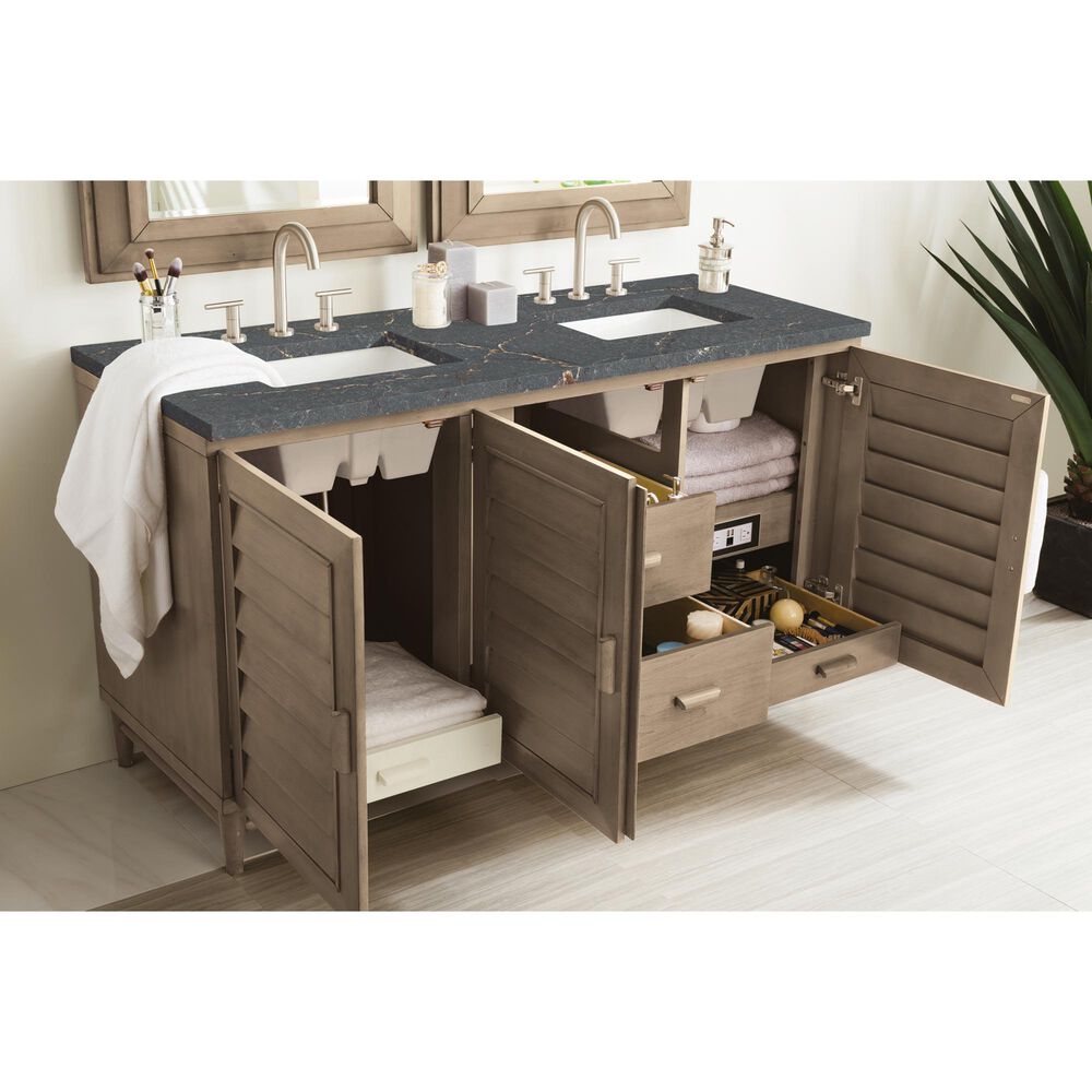 James Martin Vanities Portland 60&quot; Double Bathroom Vanity in Whitewashed Walnut with 3 cm Parisien Bleu Quartz Top and Rectangular Sinks, , large