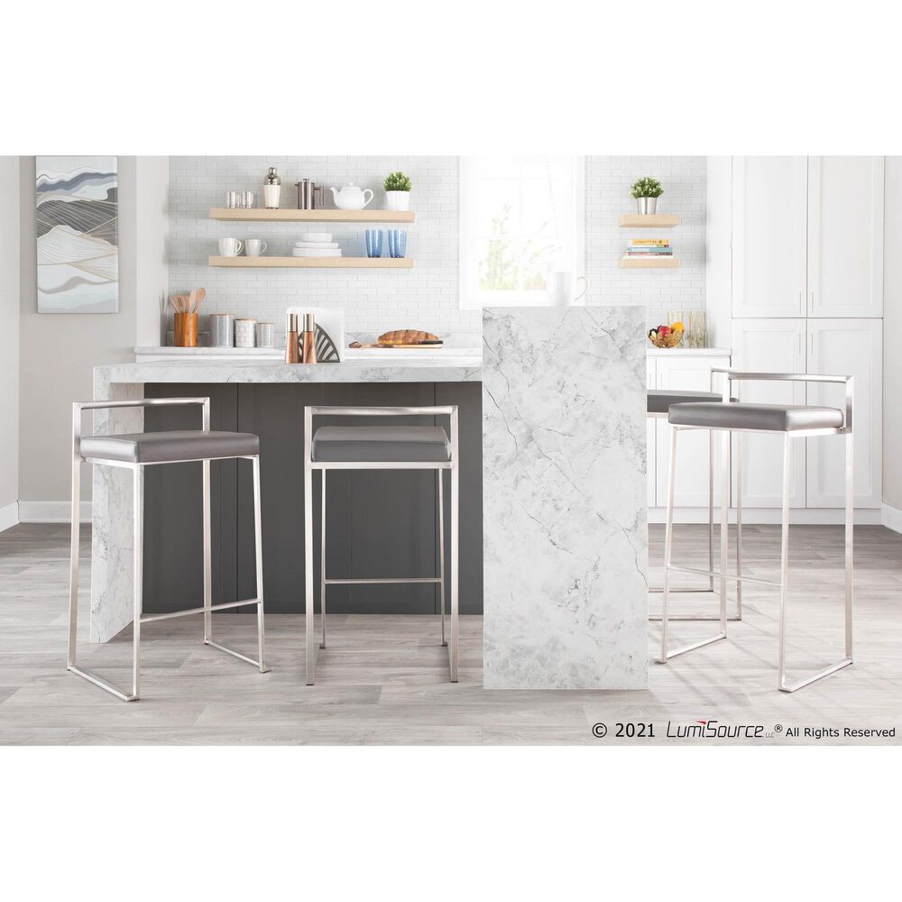 Lumisource Fuji Stackable Barstool with Grey Faux Leather Cushion in Stainless Steel (Set of 2), , large