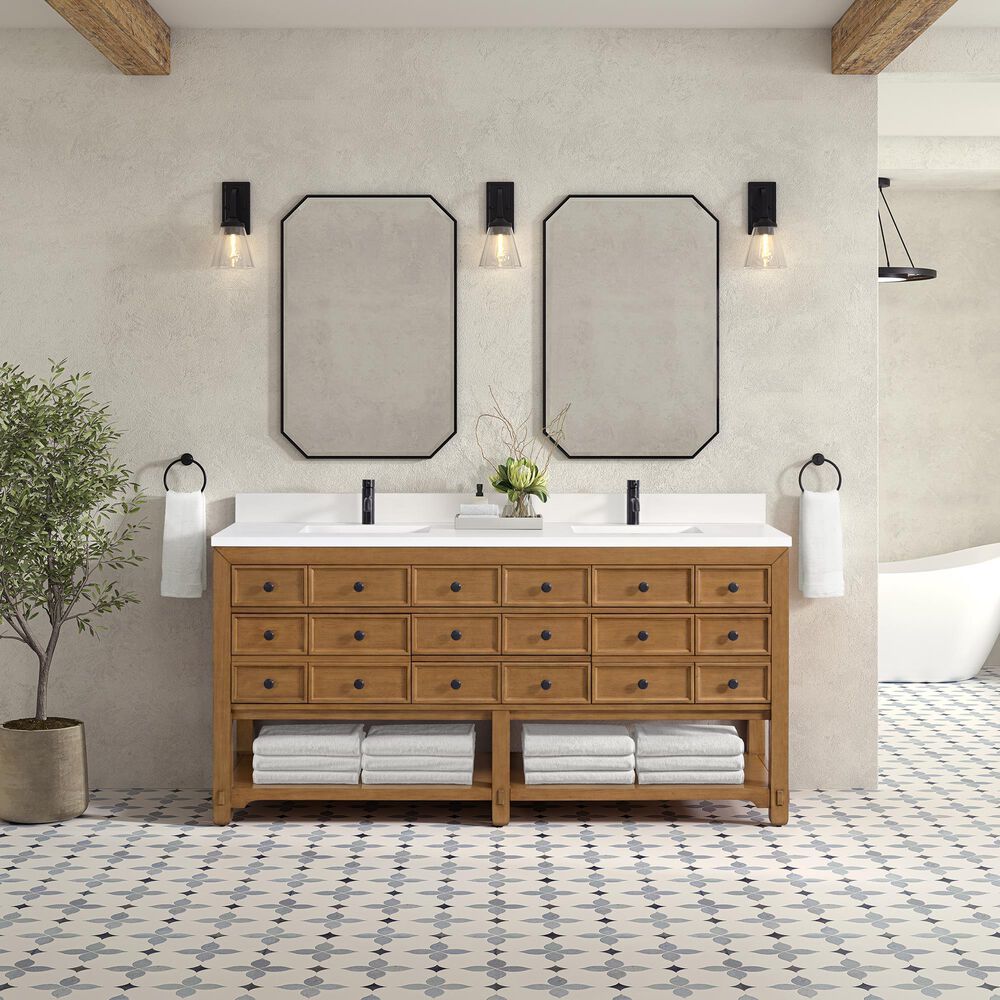 James Martin Malibu 72&quot; Double Bathroom Vanity in Amber Birch with Single Hole 3 cm White Zeus Quartz Top and Rectangular Sinks, , large