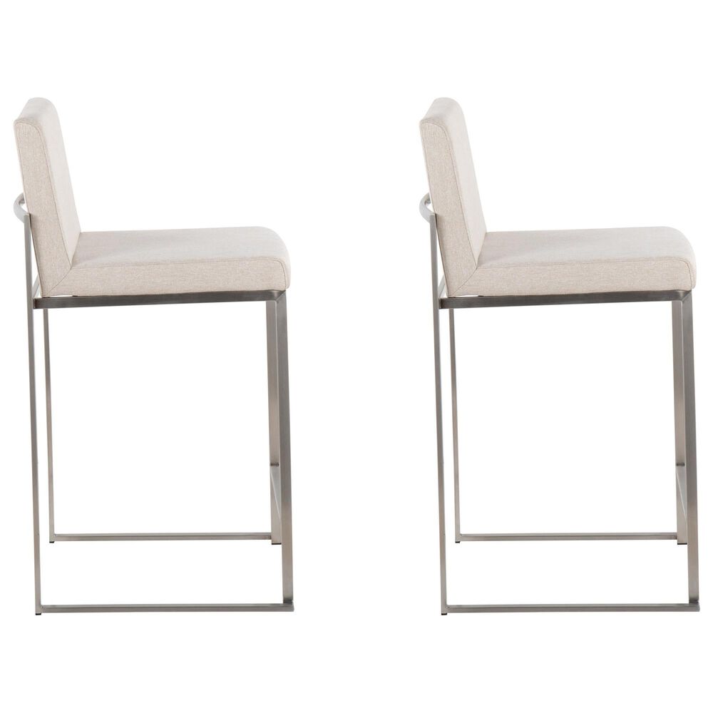Lumisource Fuji High Back Counter Stool with Beige Fabric Cushion in Stainless Steel &#40;Set of 2&#41;, , large