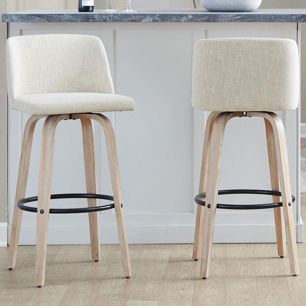 LumiSource Toriano Swivel Bar Stool with Cream Fabric Upholstery in Whitewashed and Black (Set of 2), , large