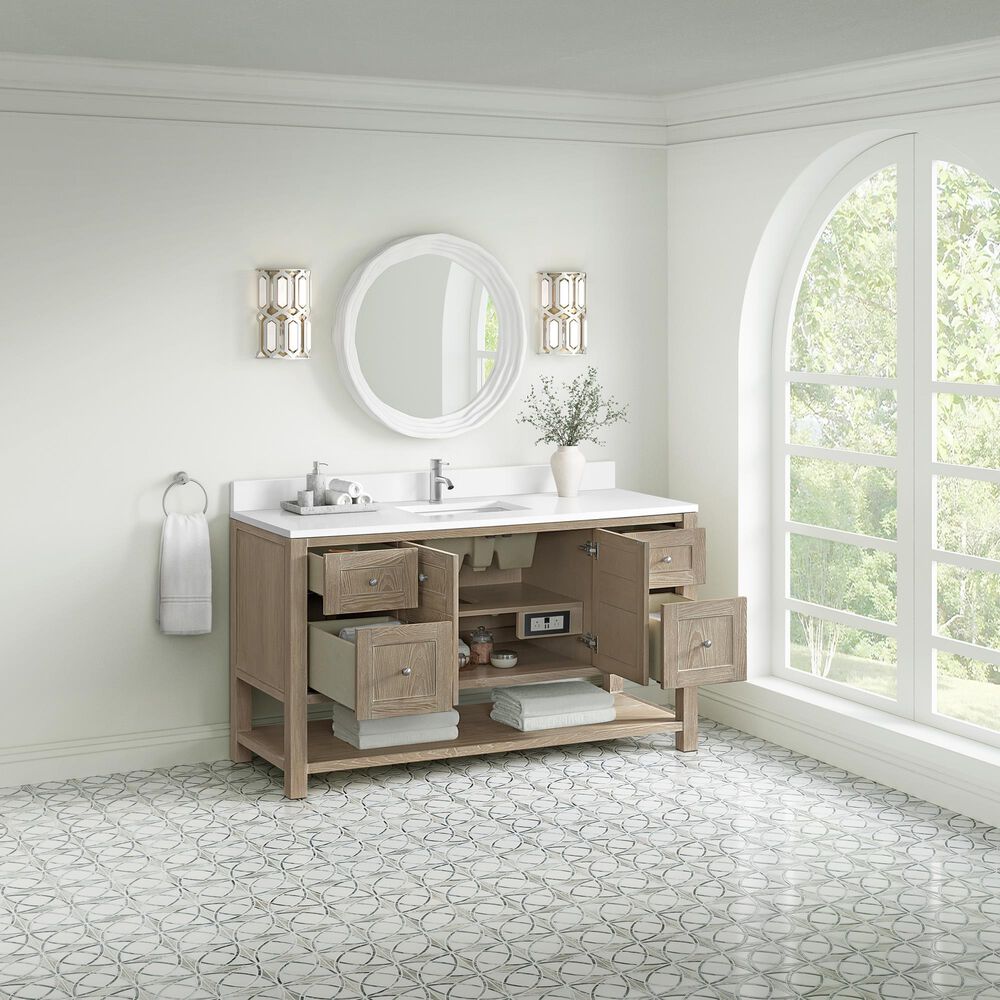 James Martin Vanities Breckenridge 60&quot; Single Bathroom Vanity in Whitewashed Oak with Single Hole 3 cm White Zeus Quartz Top and Rectangular Sink, , large