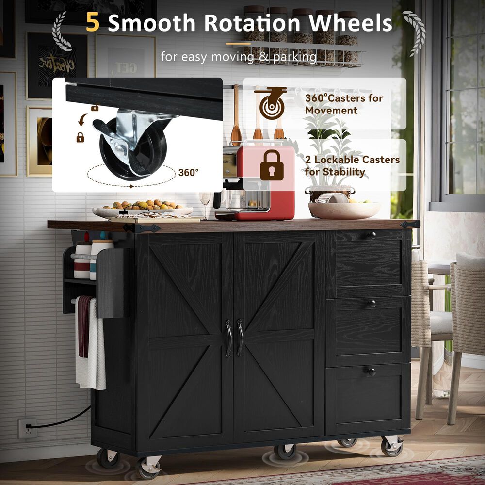 HOMLUX 55" Farmhouse Kitchen Island with Power Outlet in Black, , large