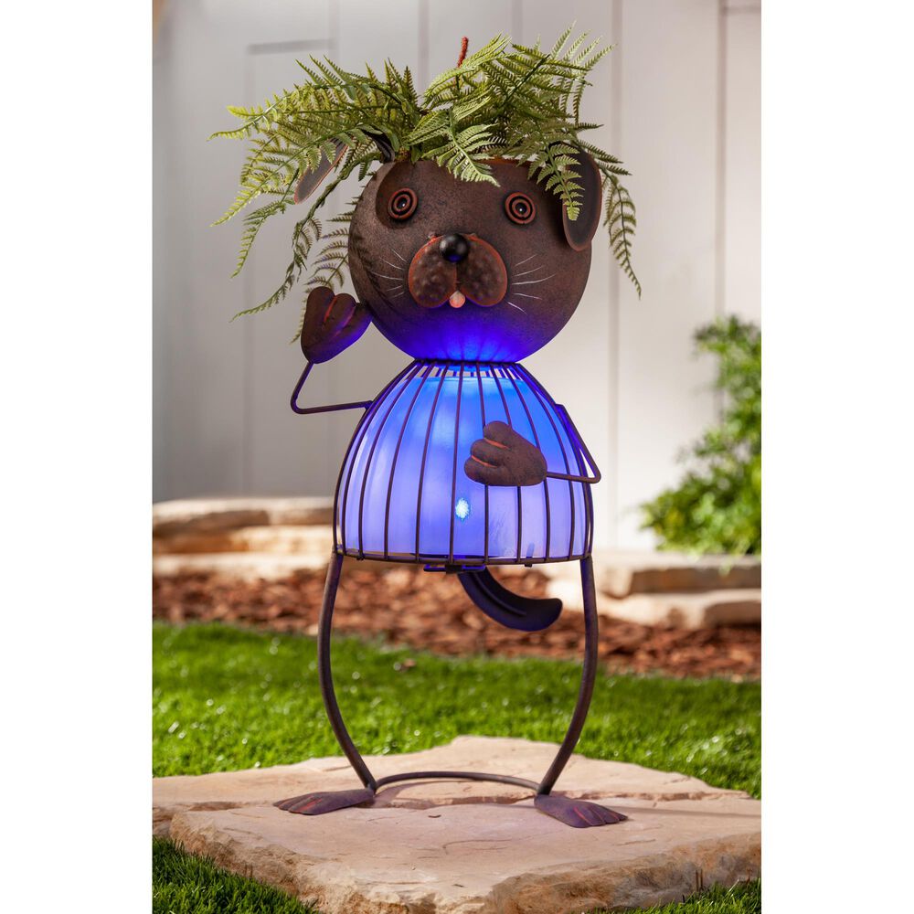The Gerson Company 20.87&quot; Solar Lighted Garden Dog Pot Head in Rustic Brown, , large