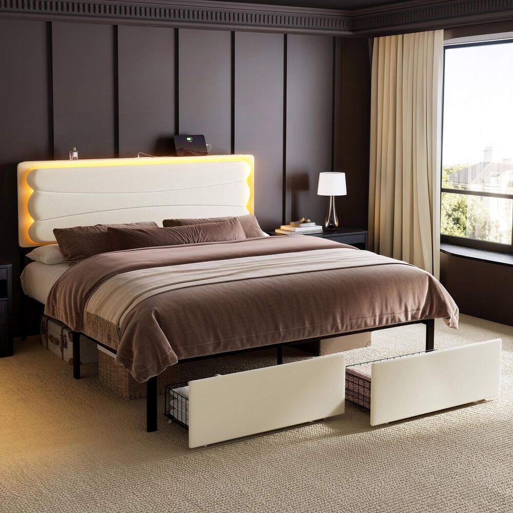 HOMLUX Queen Upholstered Platform Storage Bed Frame in Beige, , large