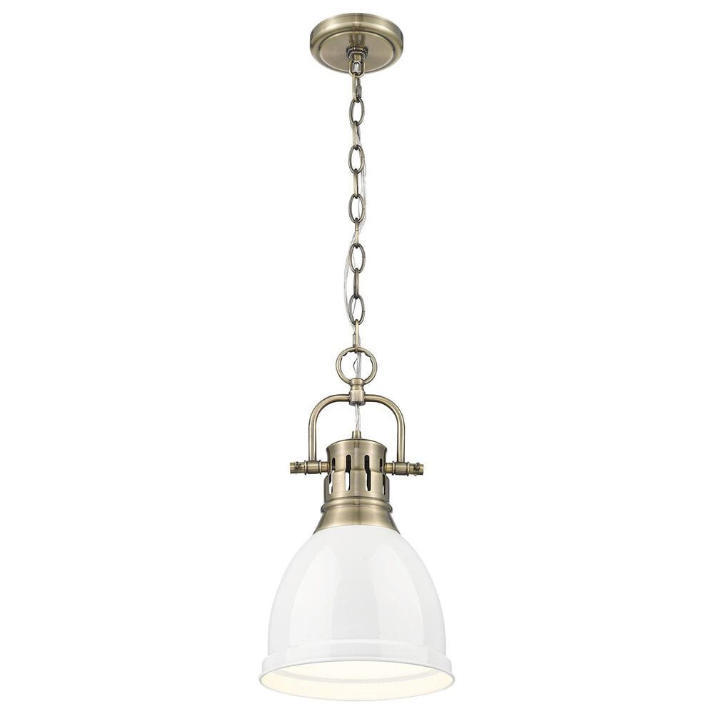 Golden Lighting Duncan 1-Light Small Pendant with Chain and White Shade in Aged Brass, , large