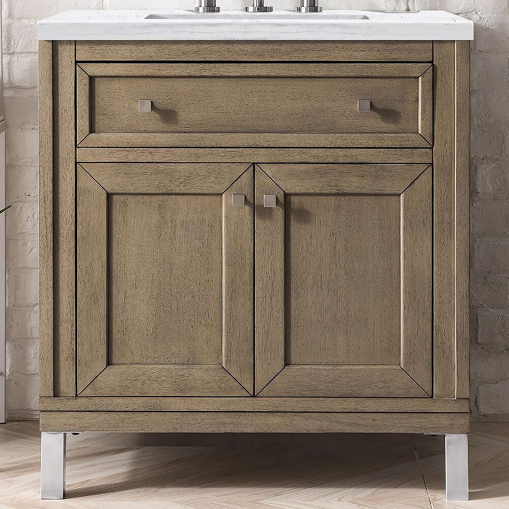 James Martin Vanities Chicago 30&quot; Single Bathroom Vanity in Whitewashed Walnut with 3 cm Arctic Fall Solid Surface Top and Rectangular Sink, , large