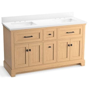 Kohler Charlemont 60" Double Bathroom Vanity in Light Oak with 3 cm White Quartz Top and Rectangular Sinks, , large
