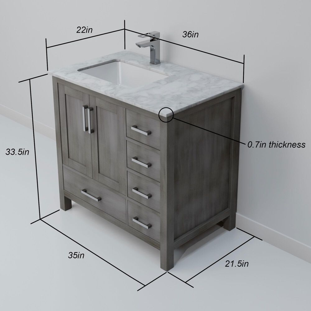 Lexora Home Jacques 36&quot; Left Offset Single Bathroom Vanity in Distressed Grey with 2 cm White Carrara Marble Top and Rectangular Sink, , large