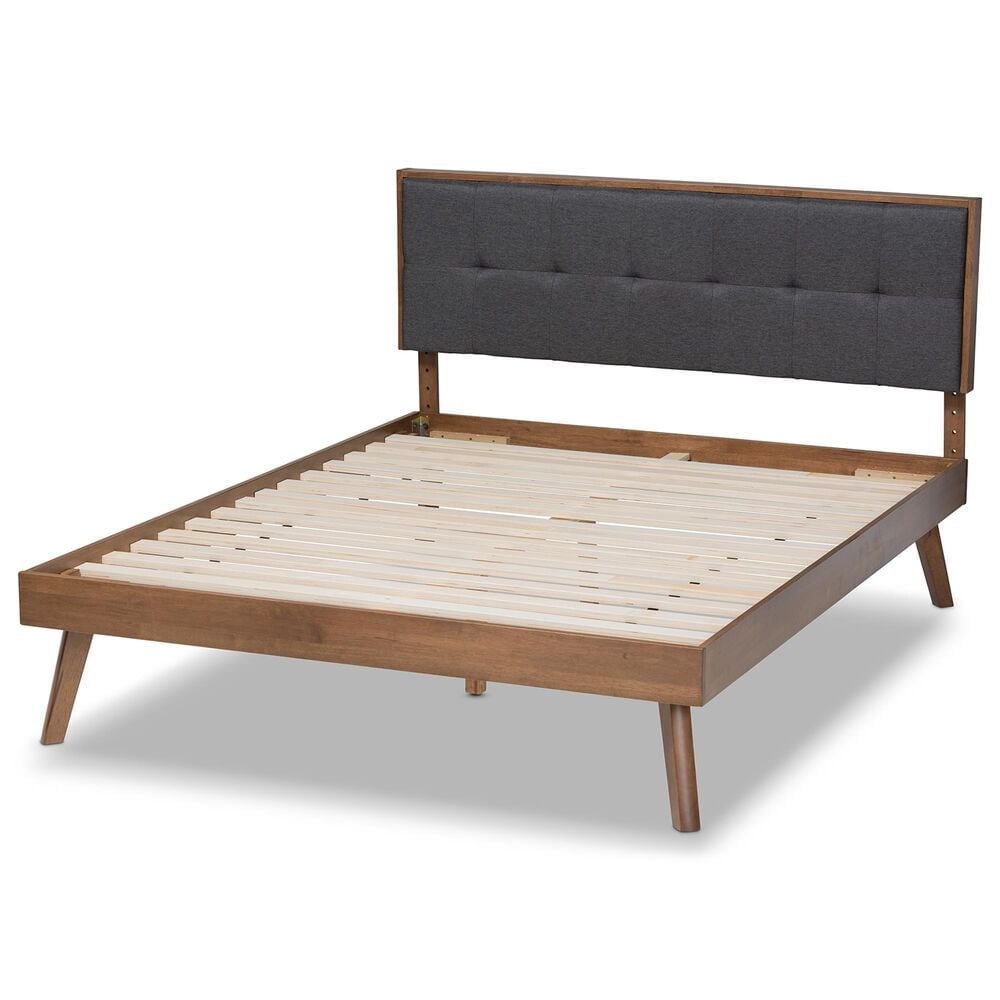 Baxton Studio Alke King Platform Bed with Dark Grey Fabric in Walnut Brown, , large