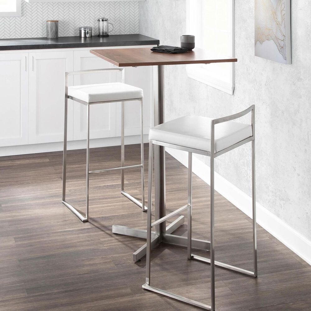 Lumisource Fuji Stackable Barstool with White Faux Leather in Brushed Stainless Steel &#40;Set of 2&#41;, , large