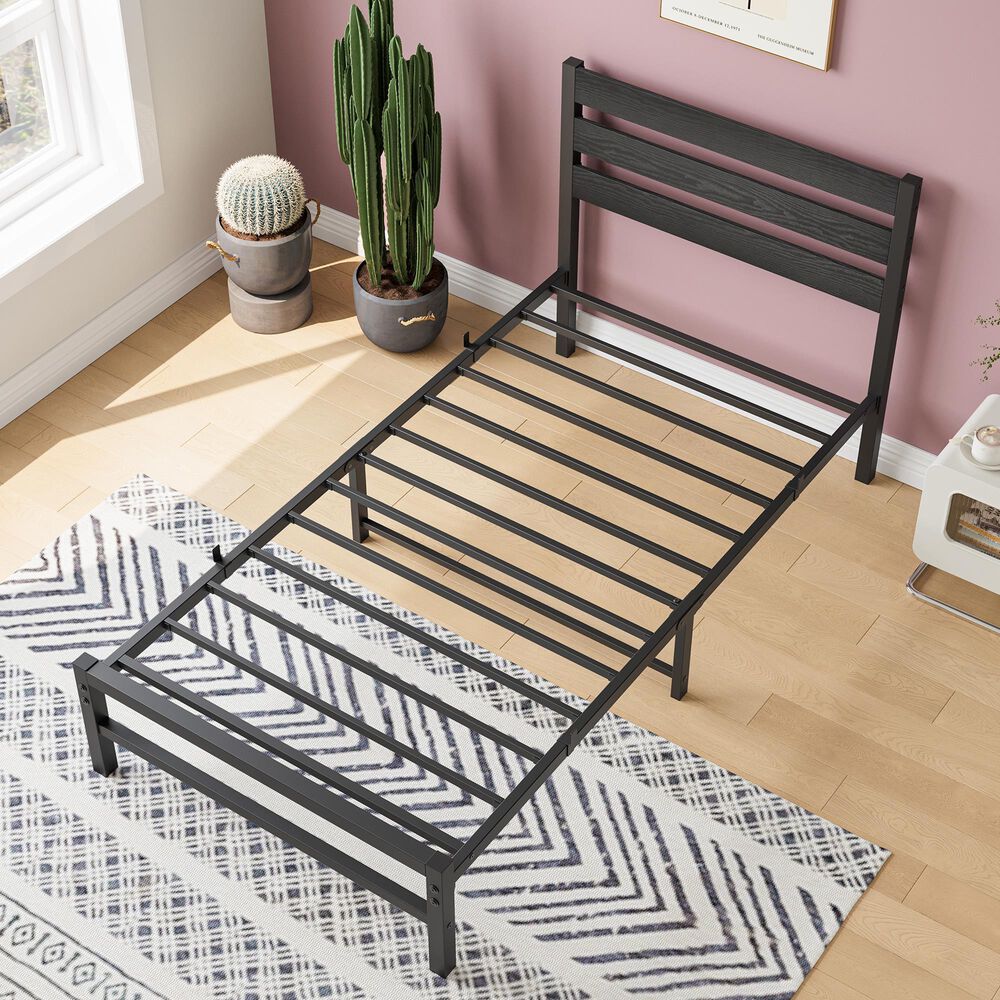 Hearth and Haven Twin Platform Bed Frame with Wood Headboard in Black, , large