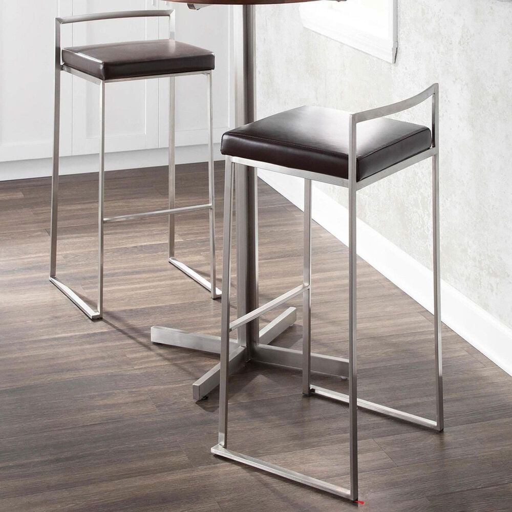Lumisource Fuji Stackable Barstool with Brown Faux Leather in Brushed Stainless Steel &#40;Set of 2&#41;, , large