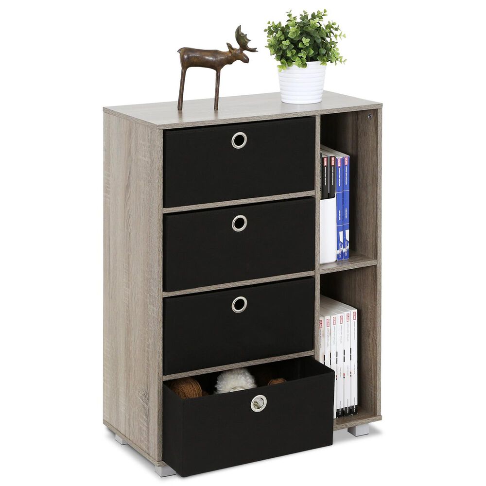 HOMLUX Multipurpose Storage Bookshelf Cabinet with 4 Bin Drawers in French Oak and Black, , large