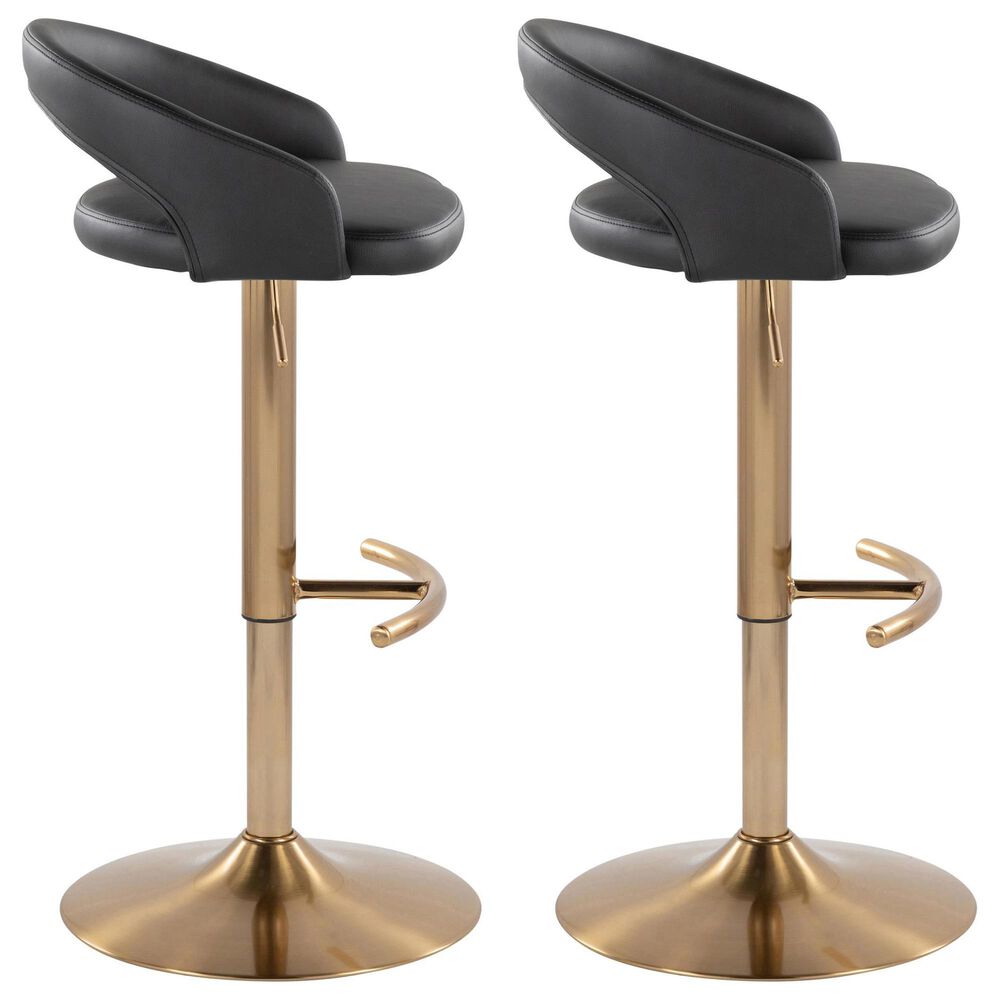 LumiSource Grotto Adjustable Bar Stool with Black Faux Leather Upholstery in Gold (Set of 2), , large