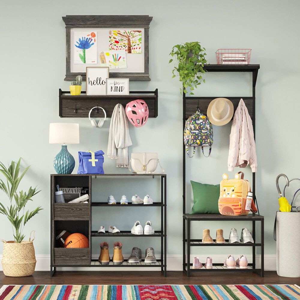 RiverRidge Home Afton 4-Hook Wall Shelf in Dark Weathered Woodgrain and Black, , large