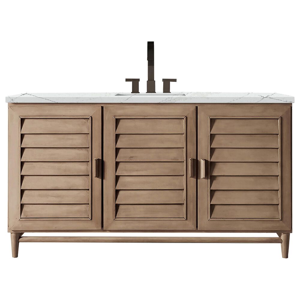 James Martin Vanities Portland 60" Single Bathroom Vanity in Whitewashed Walnut with 3 cm White Zeus Quartz Top and Rectangular Sink, , large