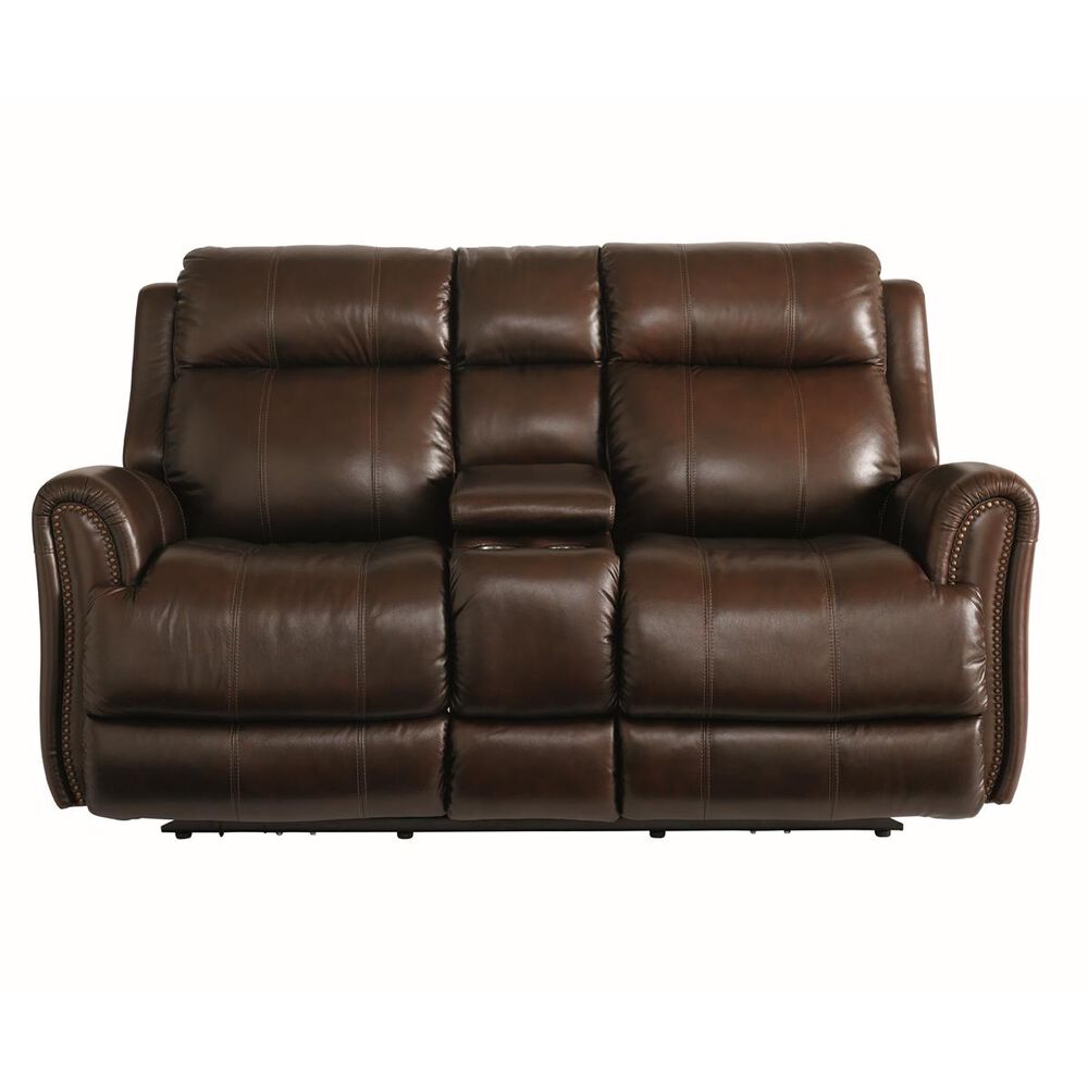 Bassett Marquee Leather Console Loveseat with Power Headrest in Chocolate, , large