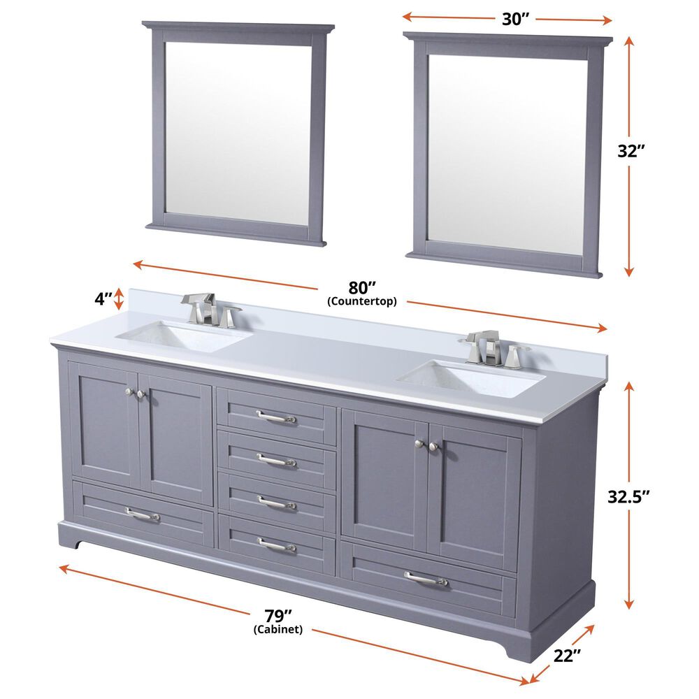 Lexora Home Dukes 80&quot; Double Bathroom Vanity in Dark Grey with 2 cm White Cultured Marble Top and Rectangular Sinks, , large