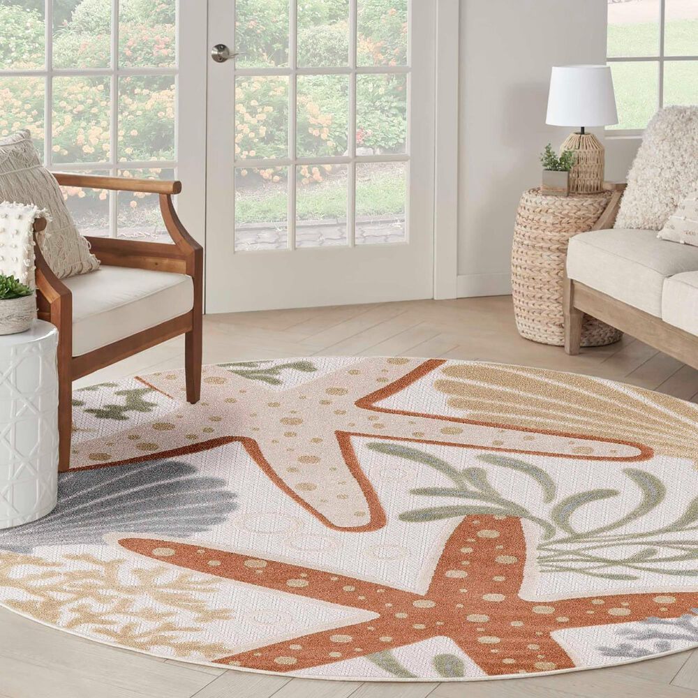 Nourison Aloha ALH24 5&#39;3&quot; Round Ivory and Multicolor Indoor/Outdoor Area Rug, , large