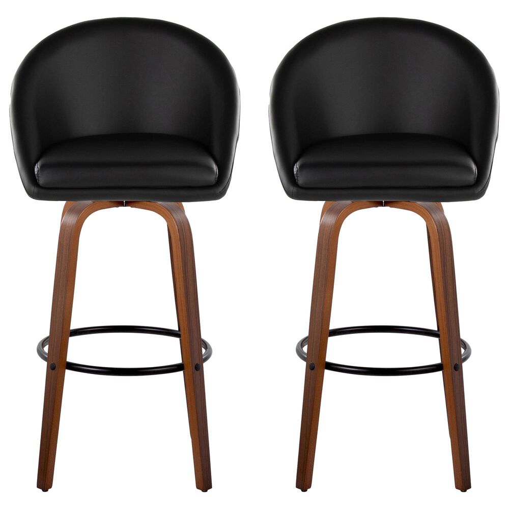 LumiSource Matisse 30" Swivel Barstool with Black Faux Leather Upholstery in Walnut and Black (Set of 2), , large