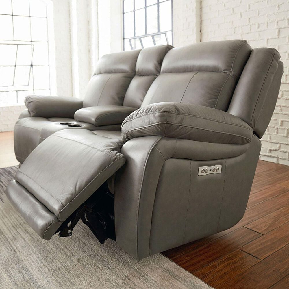 Bassett Evo Leather Recliner Console Loveseat with Power Headrest in Pewter, , large