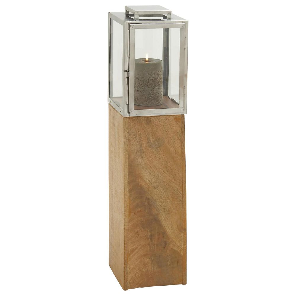 Maple and Jade 36" Mango Wood Lantern in Brown and Silver, , large