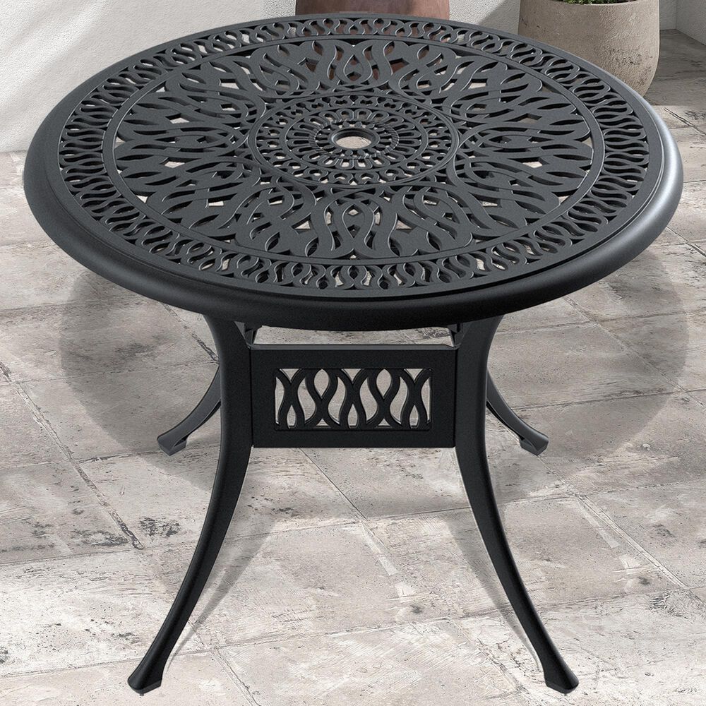 Hearth and Haven Outdoor Aluminum Dining Table with Umbrella Hole and Anti-Slip Foot Pad, Black, , large