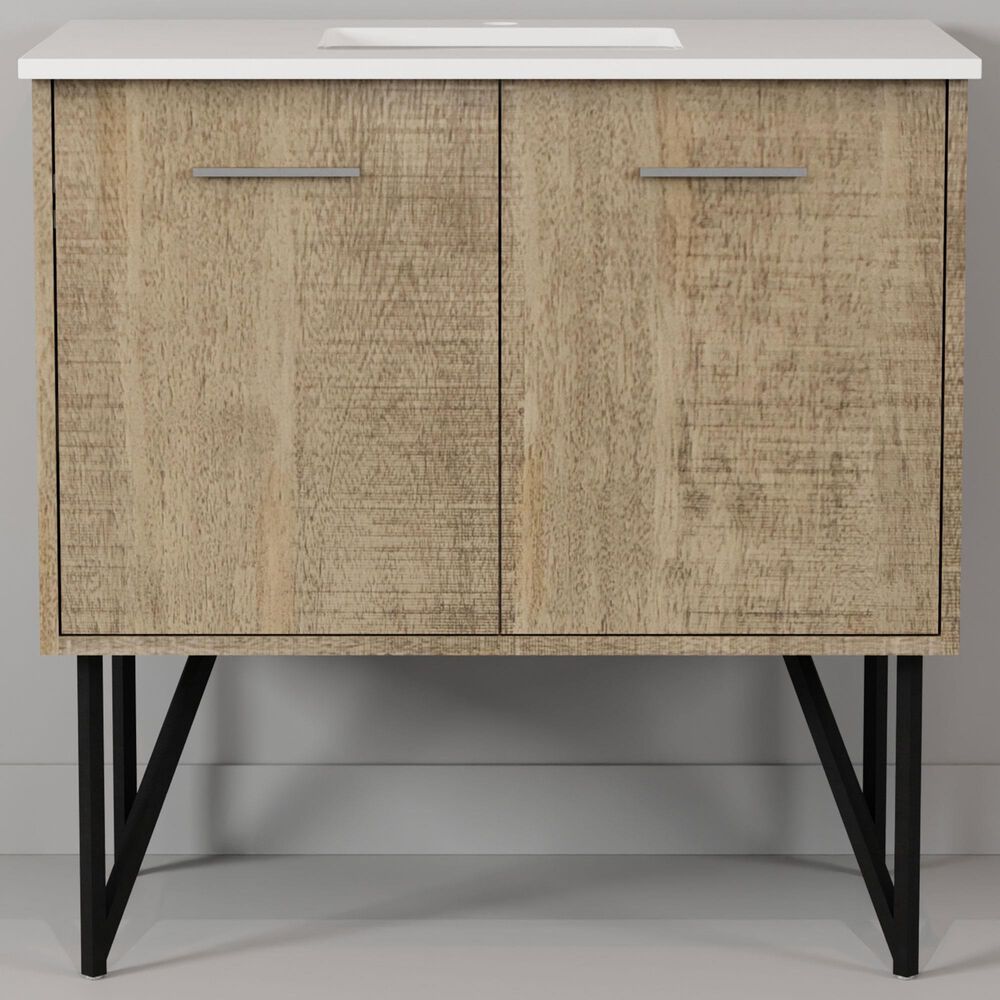 Lexora Home Lancy 36&quot; Single Bathroom Vanity in Rustic Acacia with 2 cm White Quartz Top and Rectangular Sink, , large