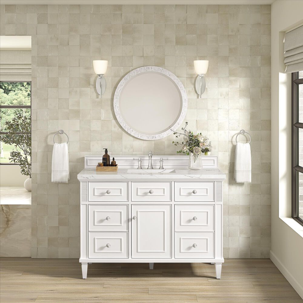 James Martin Vanities Lorelai 48&quot; Single Vanity in Bright White with 3 cm Ethereal Noctis Quartz Top, , large