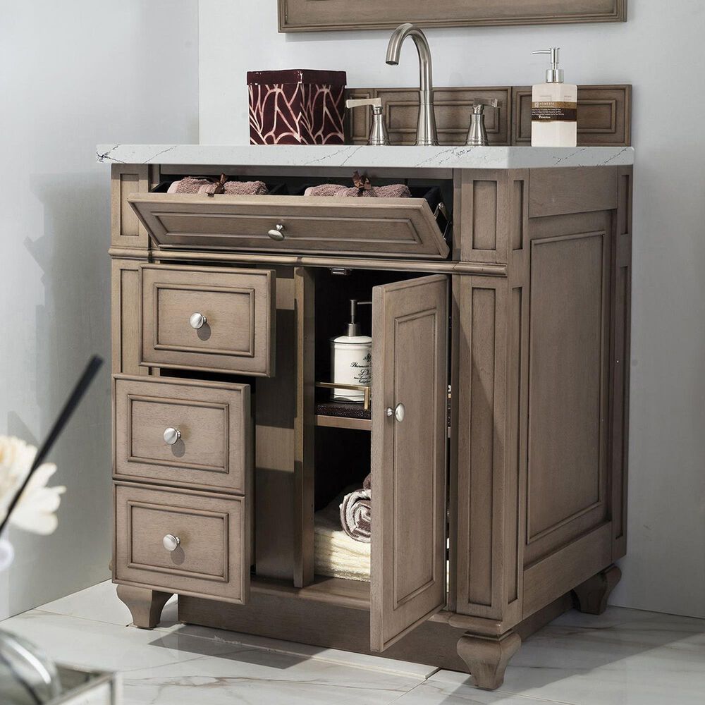 James Martin Vanities Bristol 30&quot; Single Bathroom Vanity in Whitewashed Walnut with 3 cm Ethereal Noctis Quartz Top and Rectangular Sink, , large