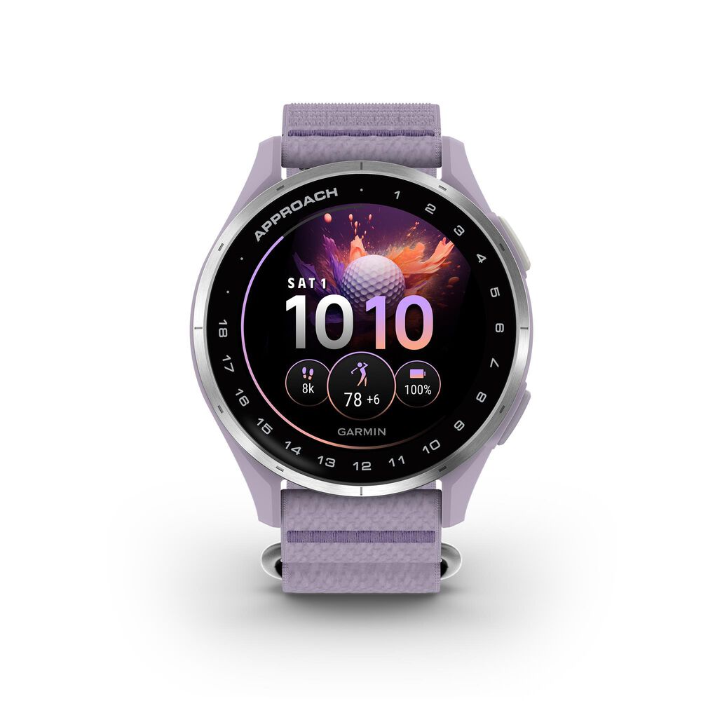 Garmin Approach J1 43mm Junior Golf GPS Smartwatch in Silver Aluminum Bezel with Lilac ComfortFit Fabric Band, , large