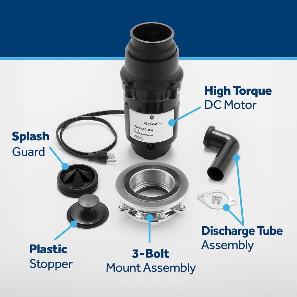 GE Appliances 1/3 HP Continuous Feed Corded Garbage Disposal in Black, , large