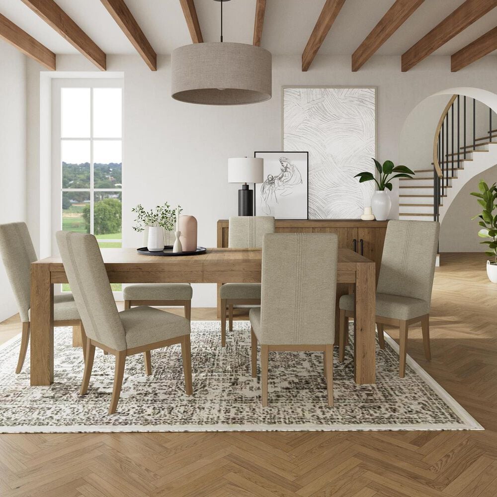 Shannon Hills Davie Dining Table with Leaf and 6 Upholstered Dining Side Chairs in Pale Oak, , large