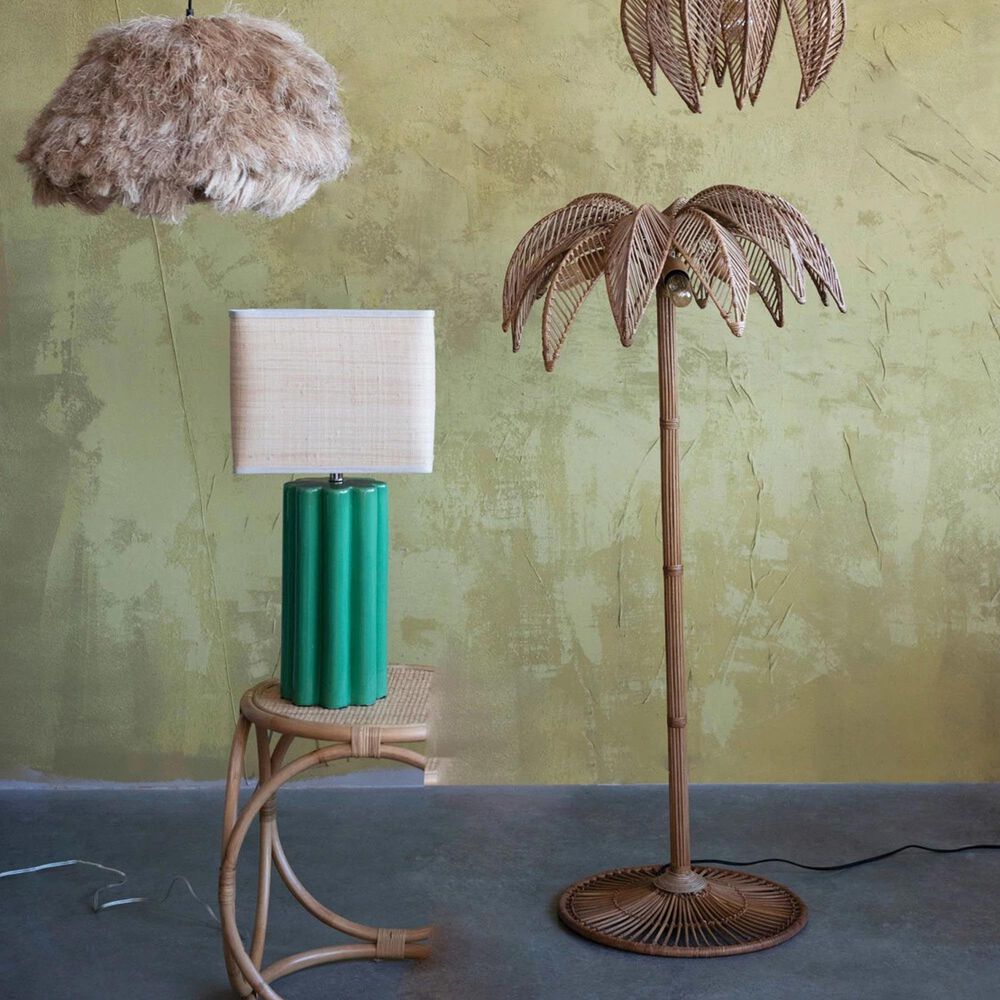 Creative Coop Paisley Stoneware Table Lamp with Fluted Base and Raffia Shade in Green, , large