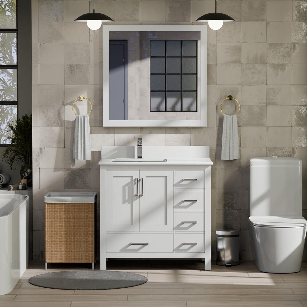 Lexora Home Jacques 36&quot; Left Offset Single Bathroom Vanity in White with 2 cm White Quartz Top and Rectangular Sink, , large