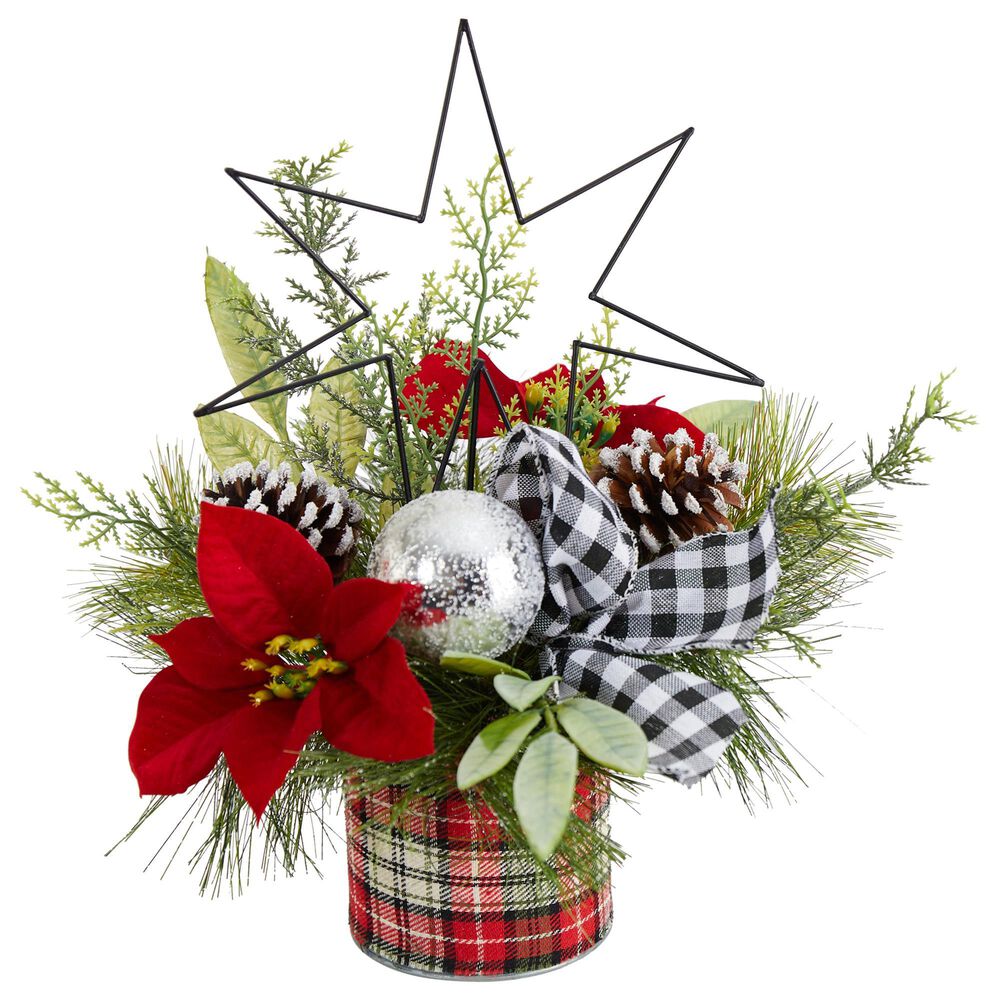 Nearly Natural Inc 17in. Holiday Winter Poinsettia, Greenery and Pinecones with North Star Plaid Table Christmas Artificial Arrangement, , large