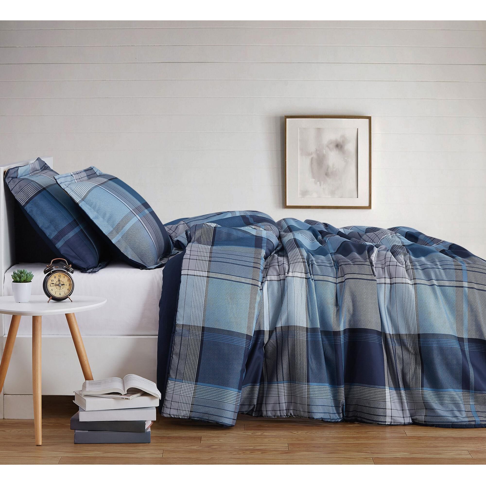 Blue plaid comforter set cheap queen