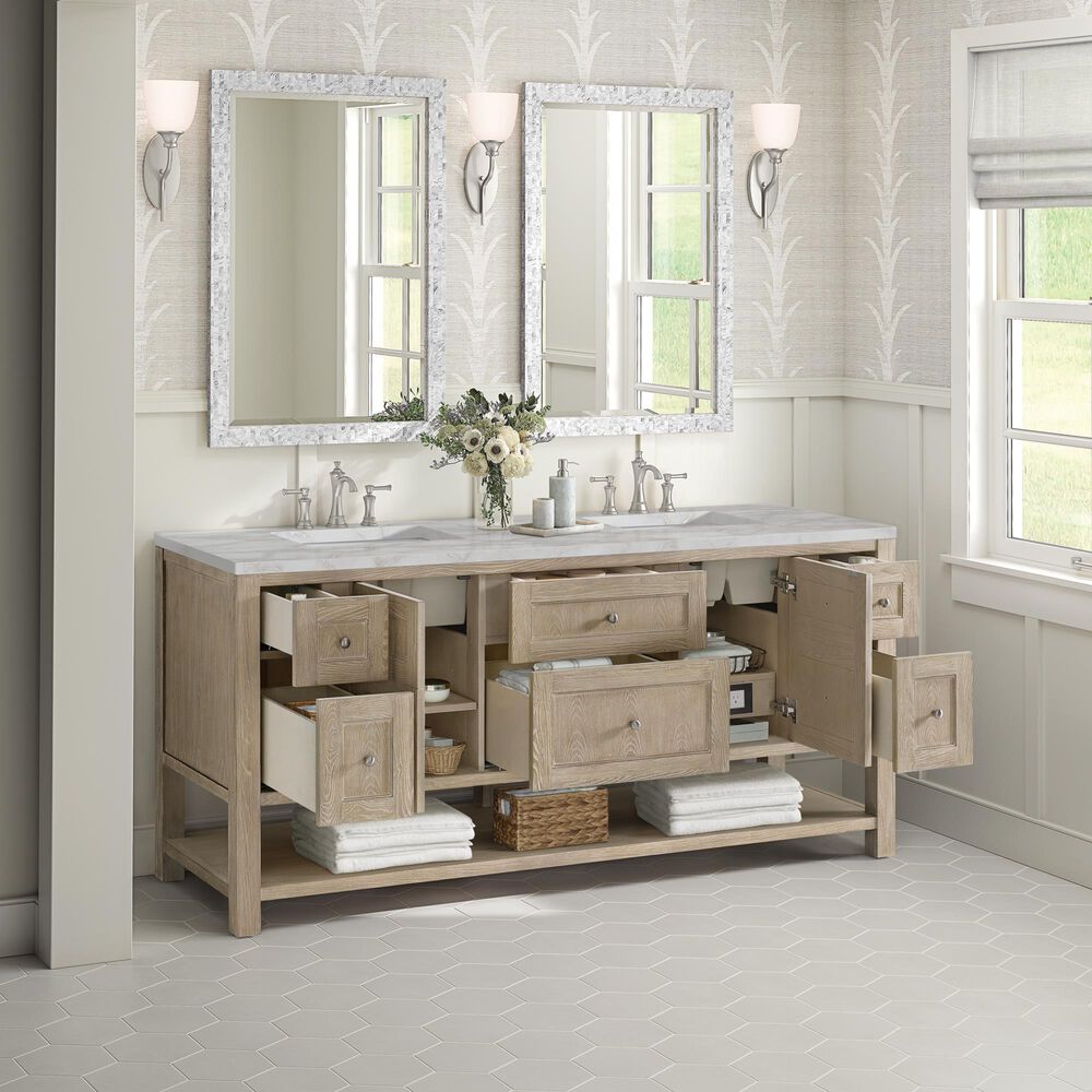 James Martin Vanities Breckenridge 72" Double Bathroom Vanity in Whitewashed Oak with 3 cm Eternal Jasmine Pearl Silestone Top, Rectangular Sinks and FreePower Wireless Charger, , large