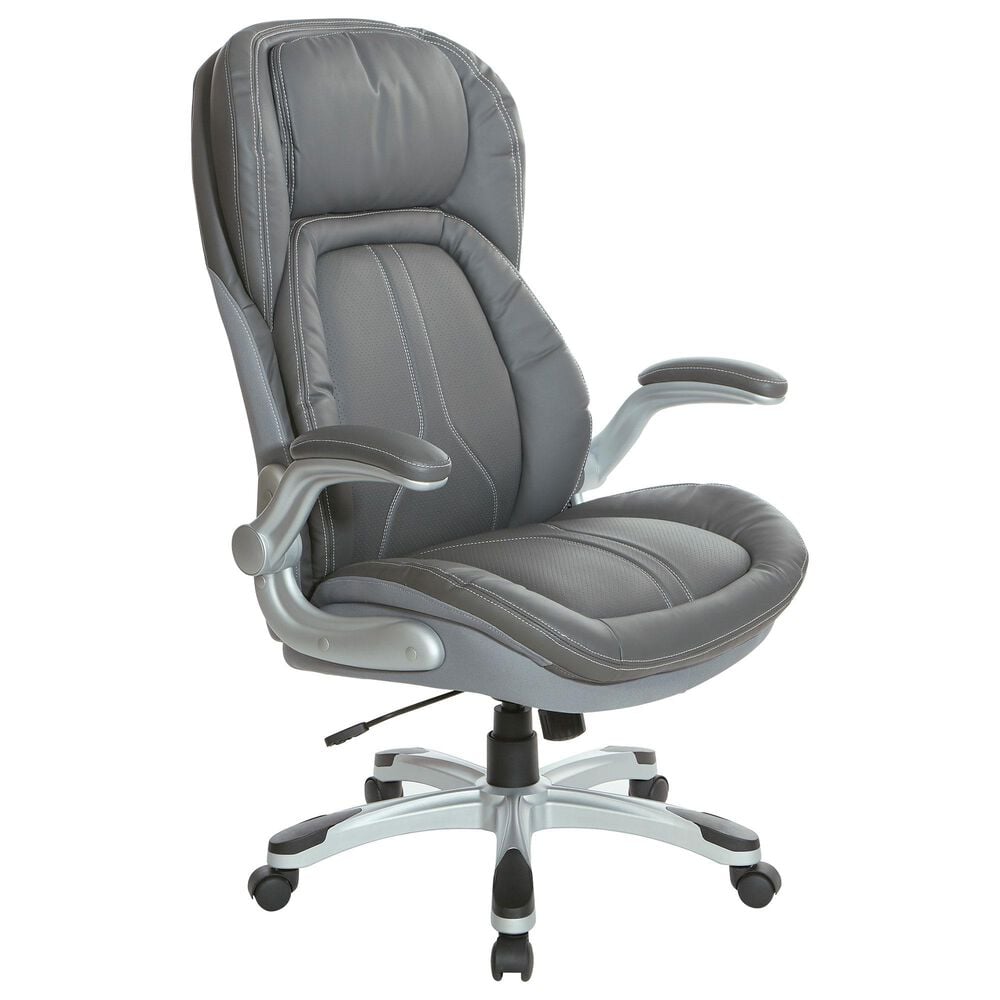 OSP Home Deluxe Bonded Leather Executive Chair with Gray Cushion with Silver Finish, , large